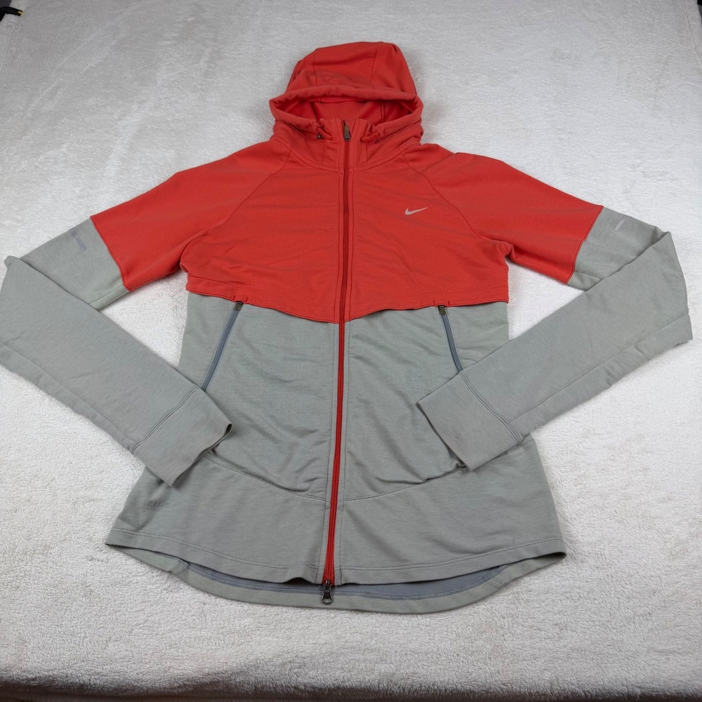 Nike Dri-Fit Women's Hooded Running Jacket Orange Gray Full Zip Athletic‎ M